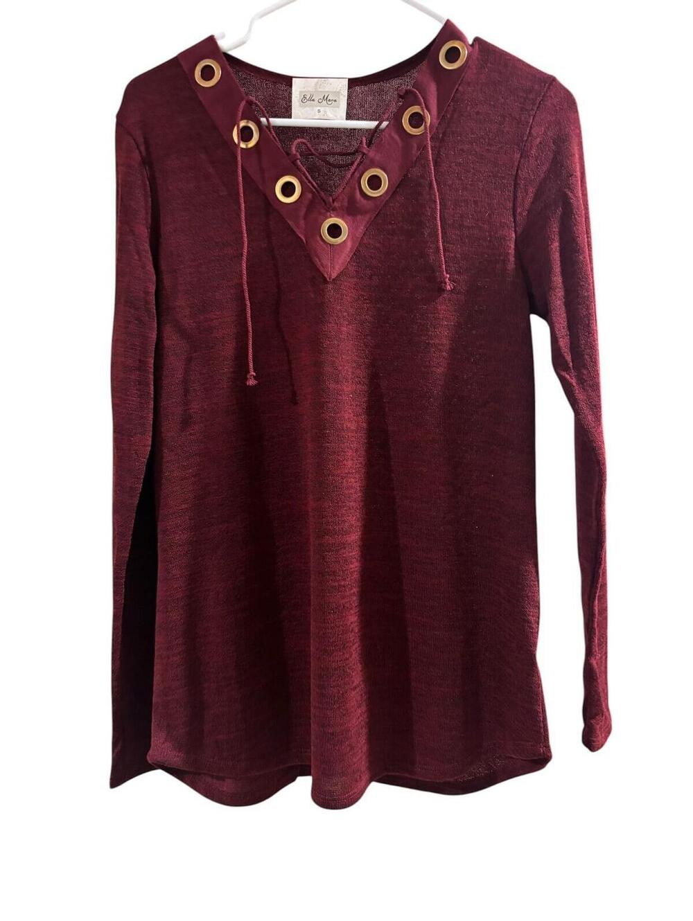 Boutique Burgundy Lace Up Top MedElla Mara Long Sleeve Boho Chic Sweater Knit